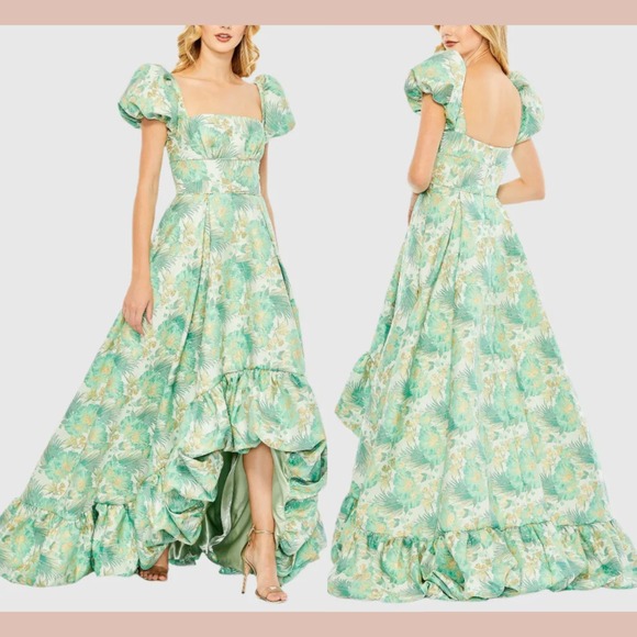 NWT MAC DUGGAL [ 8 ]‎ 68276 Floral Print Puff Sleeve High Low Brocade Gown J1930 - Picture 1 of 15